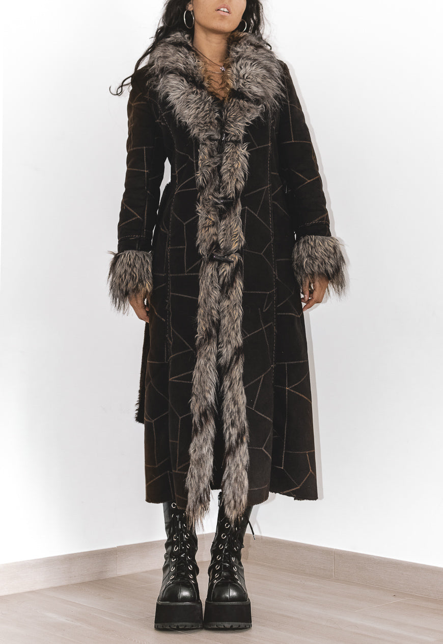 Y2k Black Vintage Topstitching Patchwork Long Afghan Coat