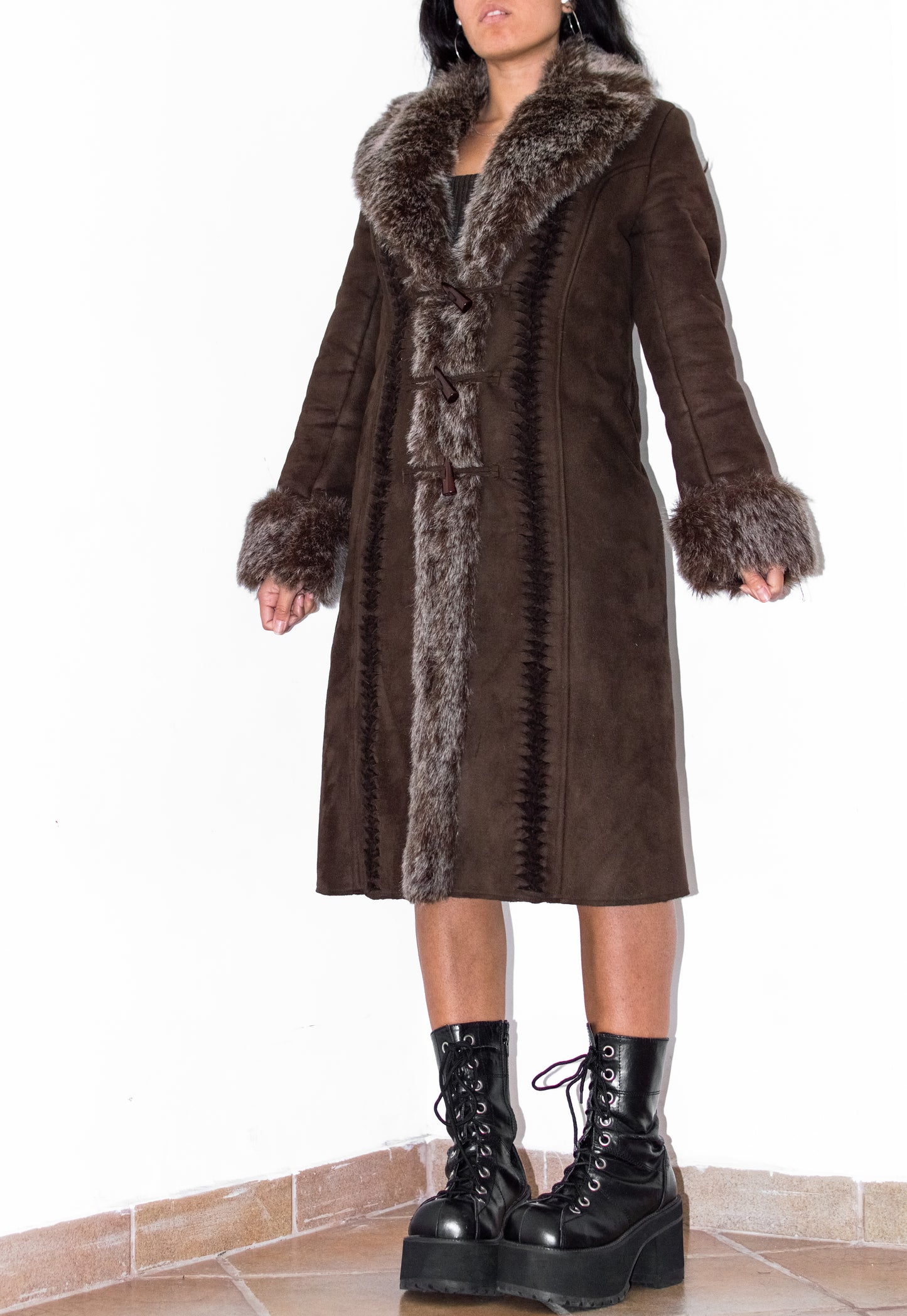 Vintage Brown Long Fur Trim Afghan Coat with Openwork Details