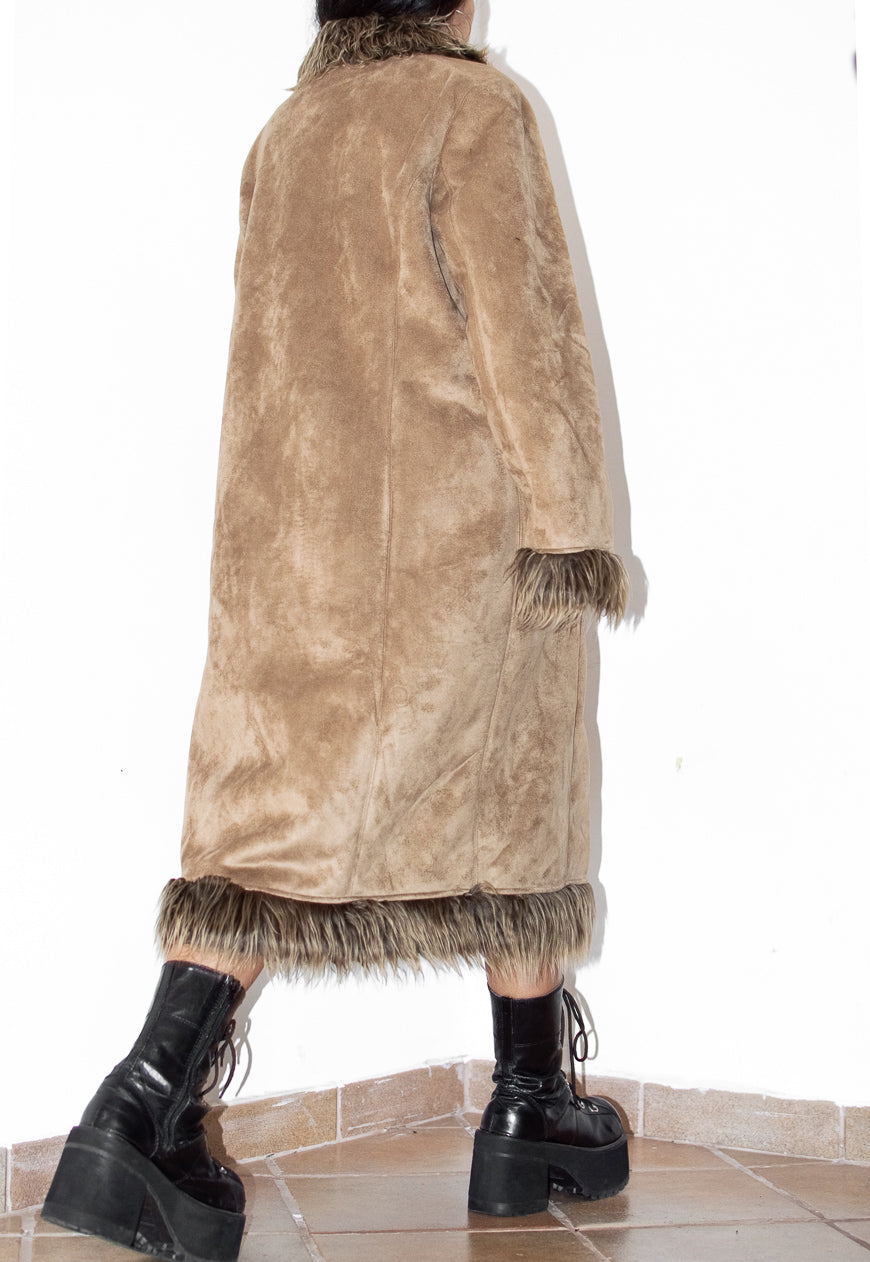 Fluffy Fur Trim Beige Afghan Coat