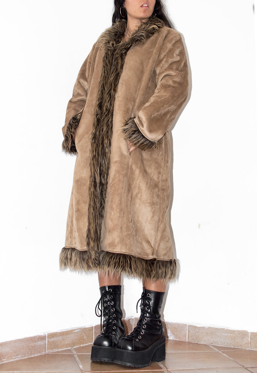 Fluffy Fur Trim Beige Afghan Coat