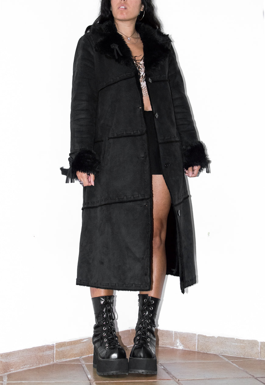 Vintage Black Long Faux Suede Fur Trim Coat