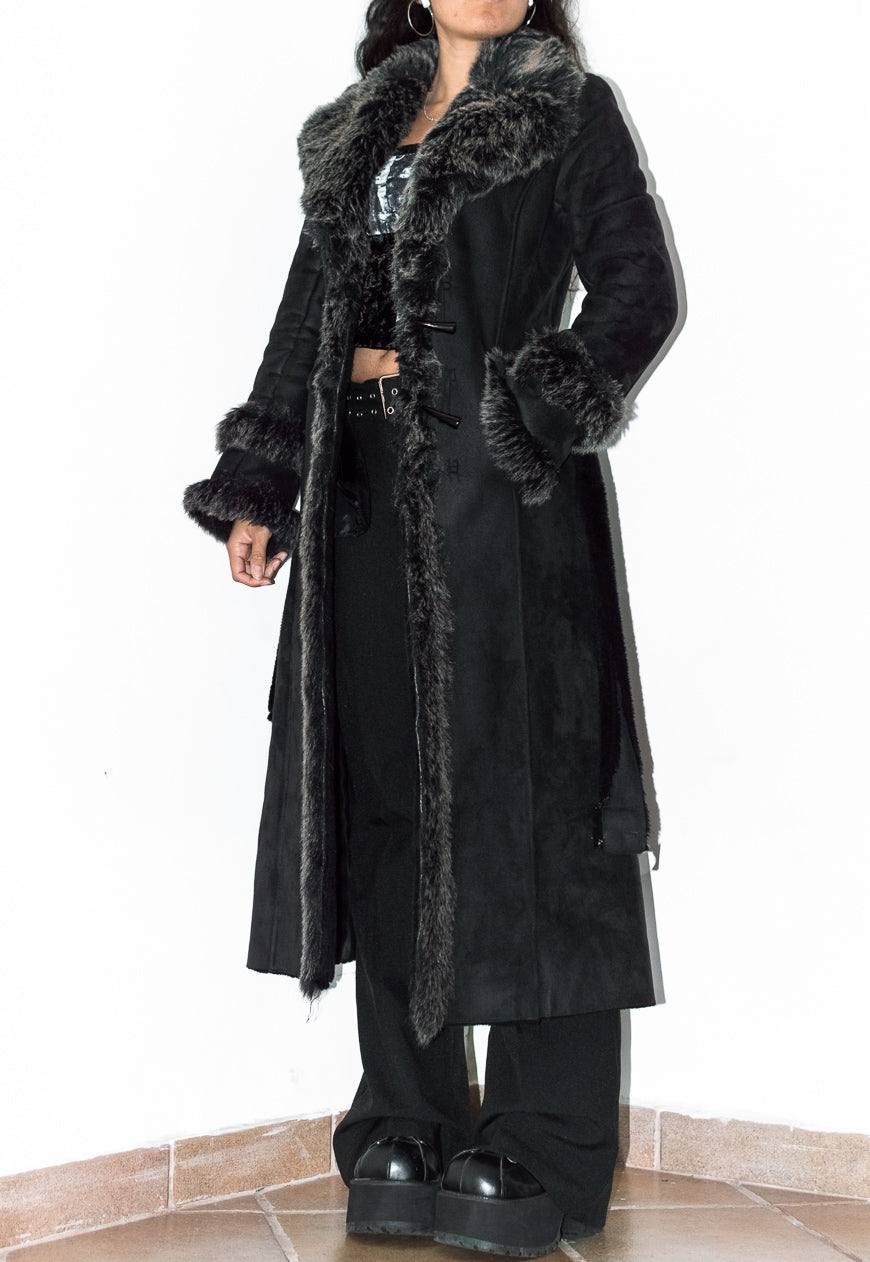 Vintage Y2k Belted Black Afghan Coat with Double Handcuffs