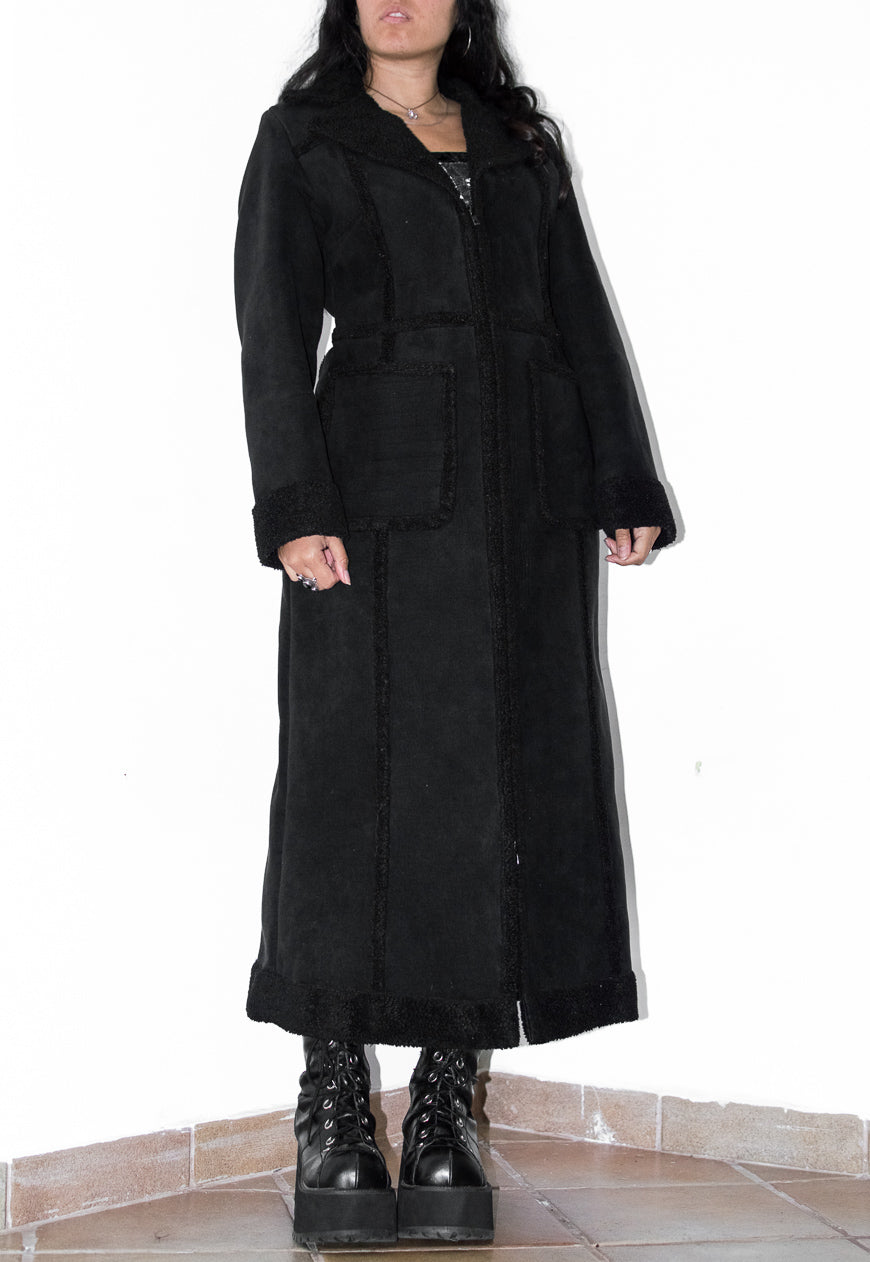 Vintage Long Zip Through Shearling Black Coat