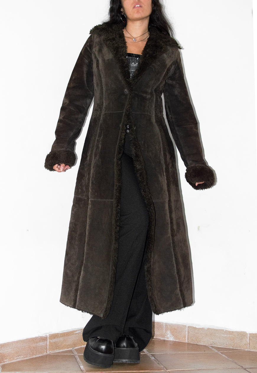 Vintage Faux Fur Long Leather Brown Coat