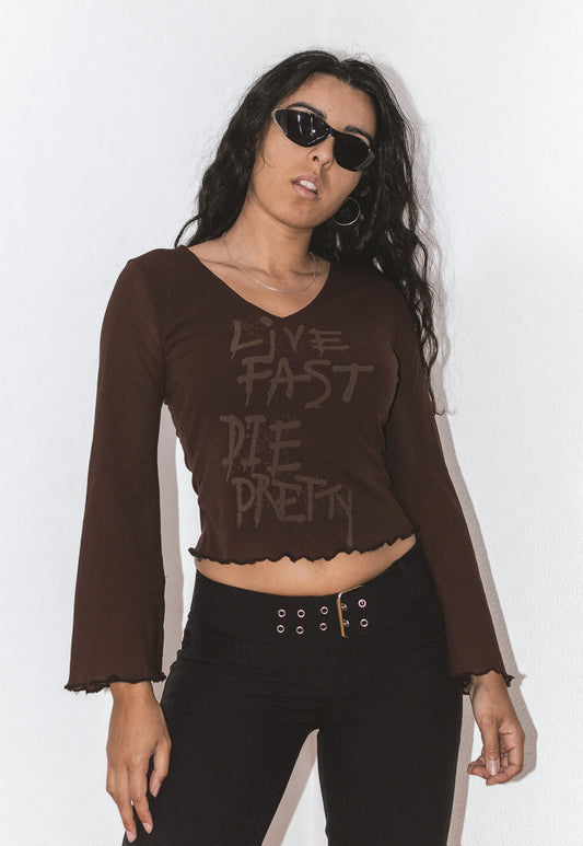 2000s Slogan V-Neck Mesh Top with Flared Sleeves