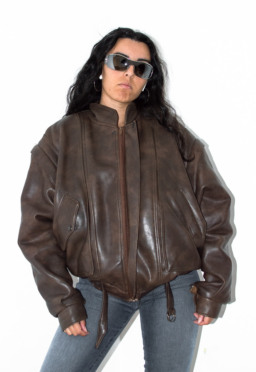 Vintage Heavy Faux Leather Bomber Jacket