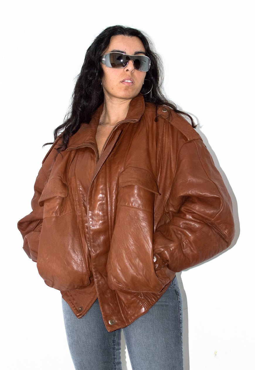 Vintage Oversize High Collar Leather Bomber Jacket