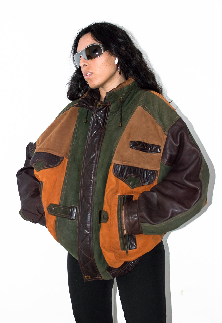 Vintage 90s Patchwork Genuine Leather Bomber Jacket