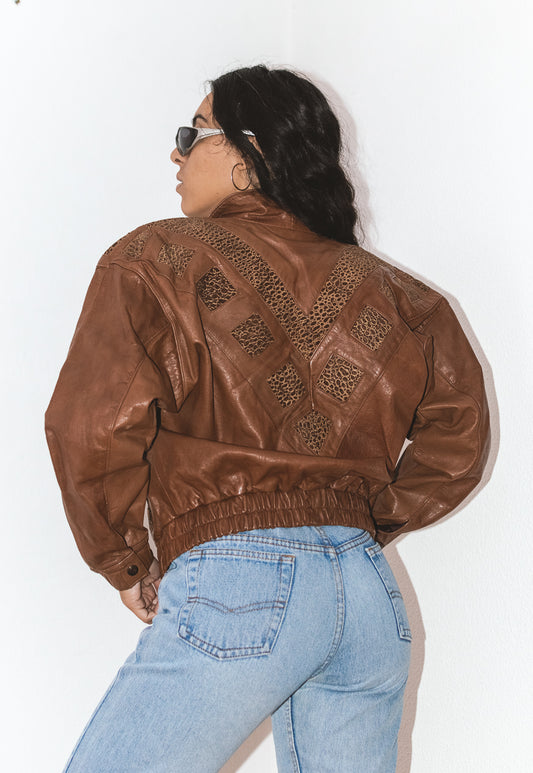 Vintage Brown 80s Leather Bomber Jacket