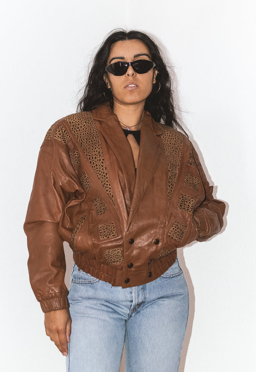Vintage Brown 80s Leather Bomber Jacket