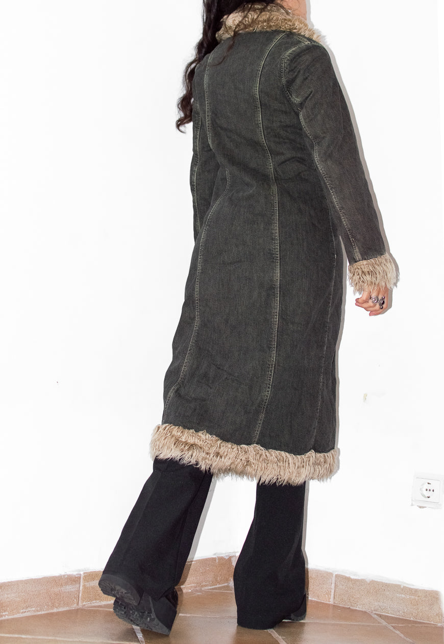 Y2k Vintage Faux Fur Trim Long Denim Coat