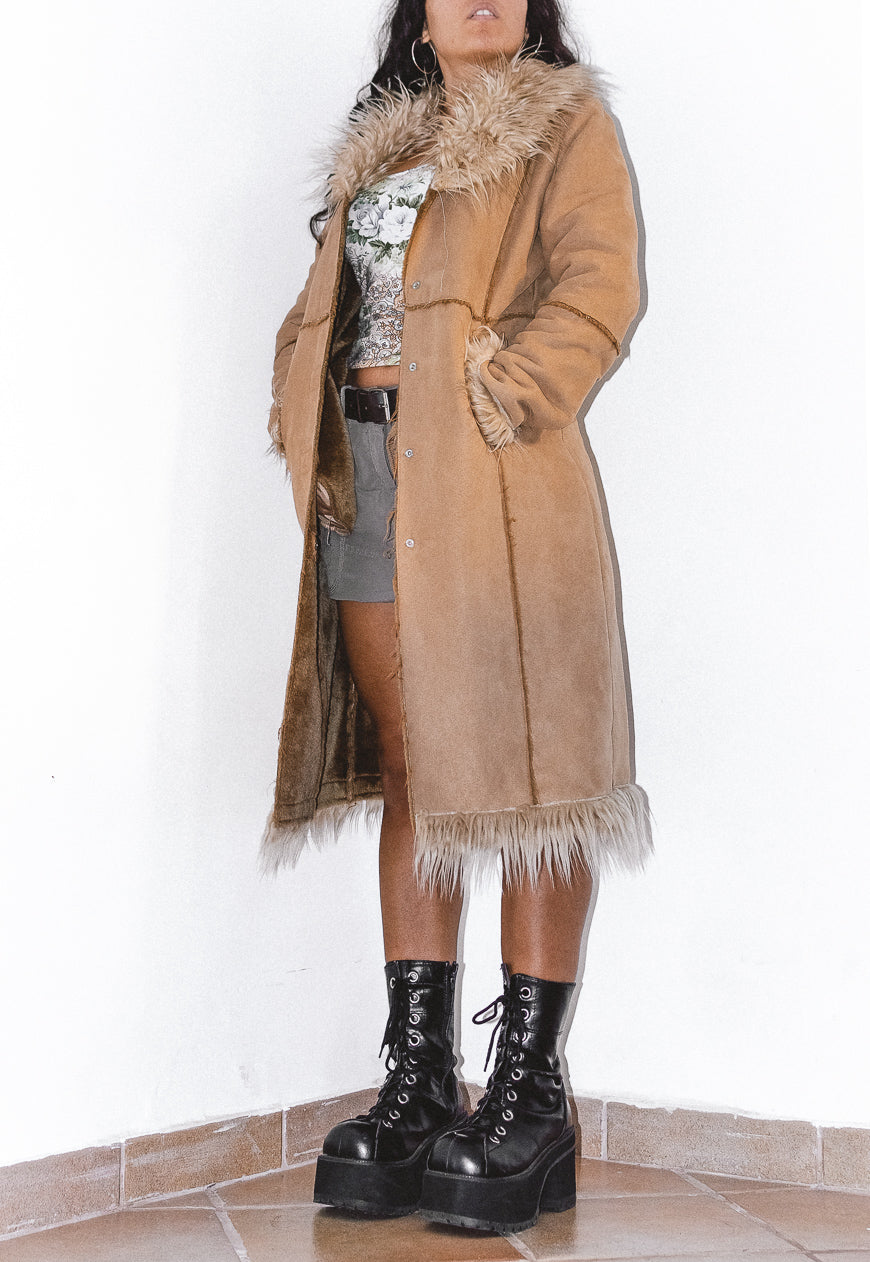 Vintage Faux Fur Trimmed Beige Afghan Coat