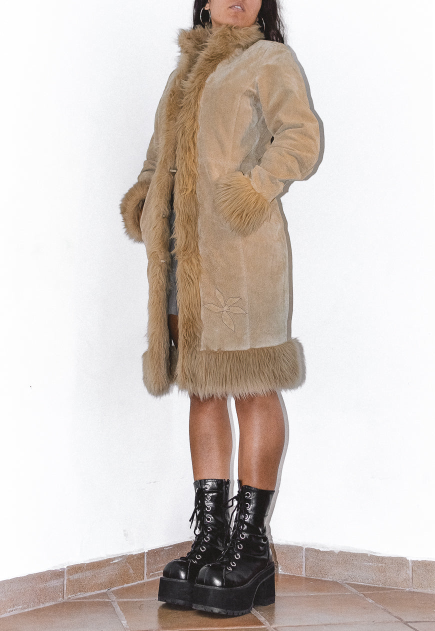 Embroidery Real Leather and Faux Fur Beige Afghan Coat