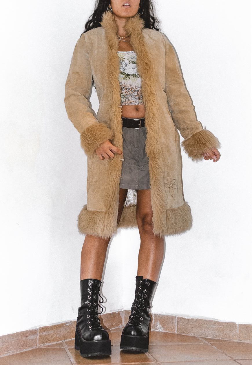 Embroidery Real Leather and Faux Fur Beige Afghan Coat