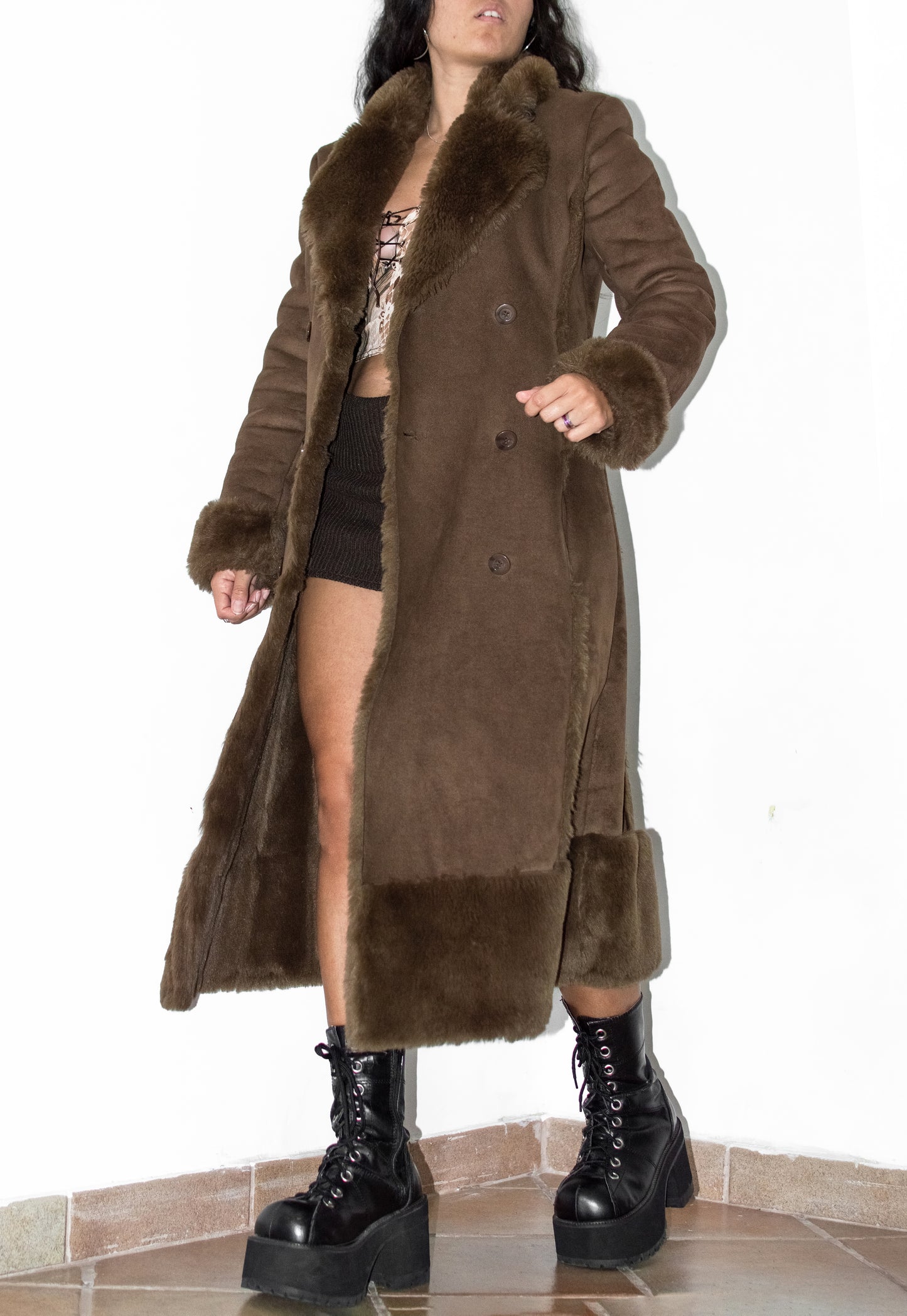 Vintage Brown Double Breasted Fur Trim Coat