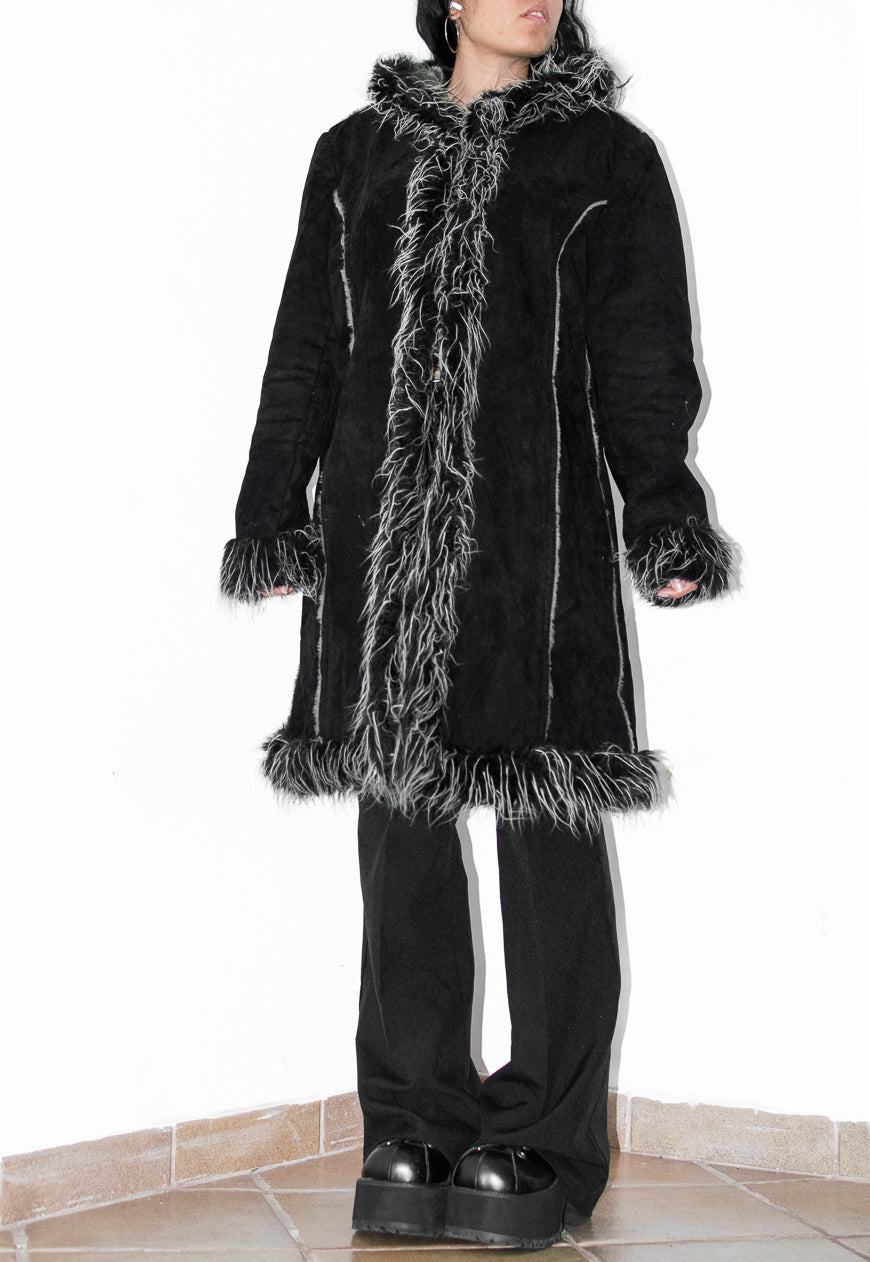 Vintage 2000s Black Hooded Faux Fur Penny Lane Coat