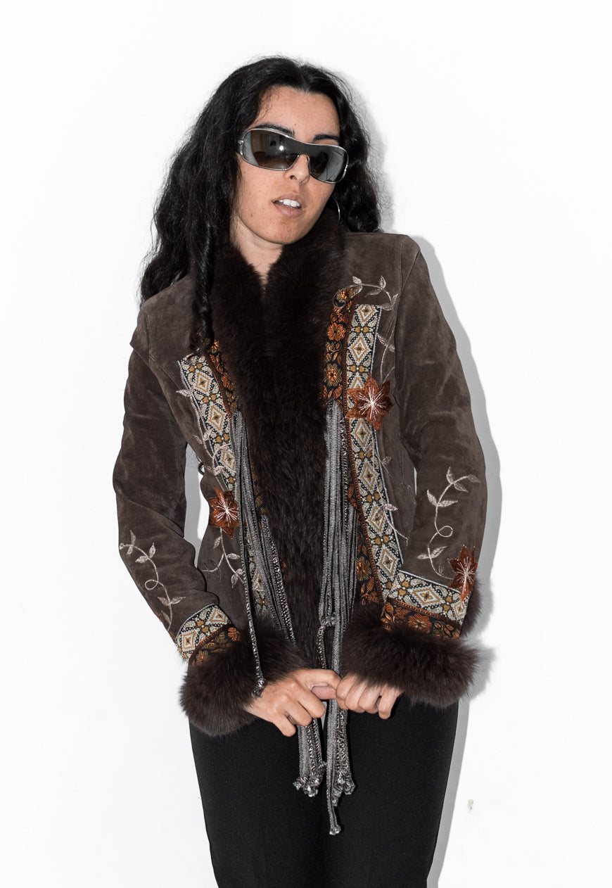Vintage 90s Embroidered Leather Boho Jacket with Fur Handcuffs