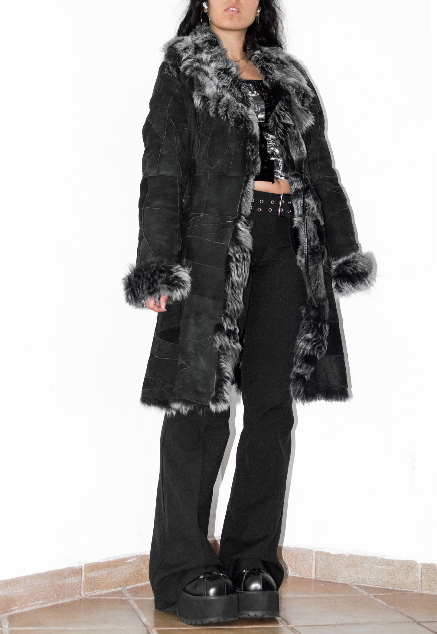 Vintage Black Genuine Leather Patchwork Fur Trim Coat