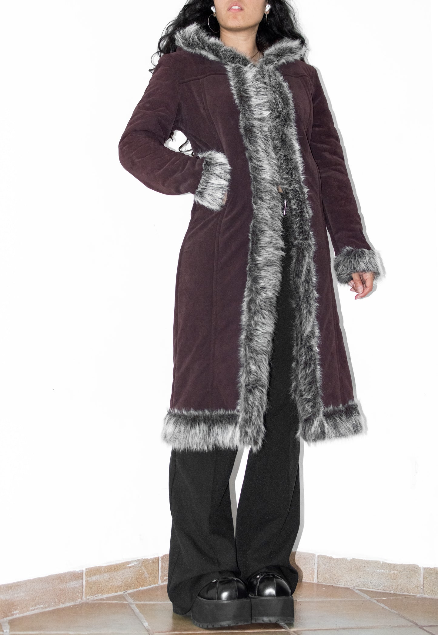 Vintage Burgundy Faux Fur Hooded Afghan Coat