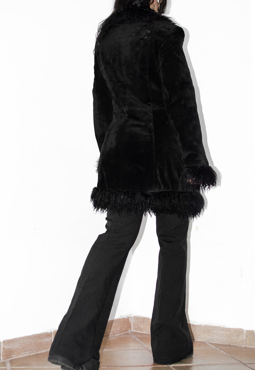Vintage Suede Leather and Mongolian Faux Fur Trim Black Afghan Coat