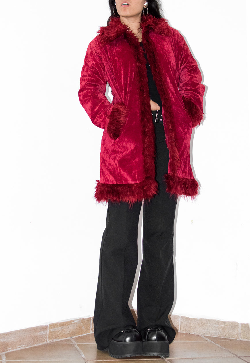 Vintage Y2k Vampy Goth Short Red Faux Fur Trim Afghan Coat