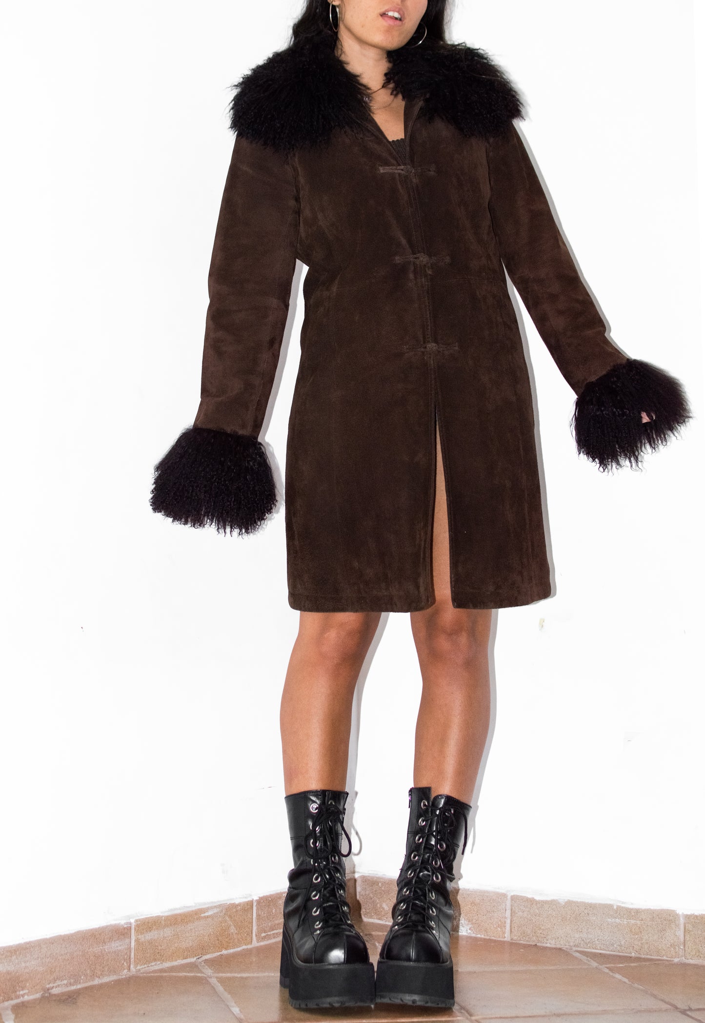 Vintage 90s Pig Leather and Sheep Fur Mocha Coat