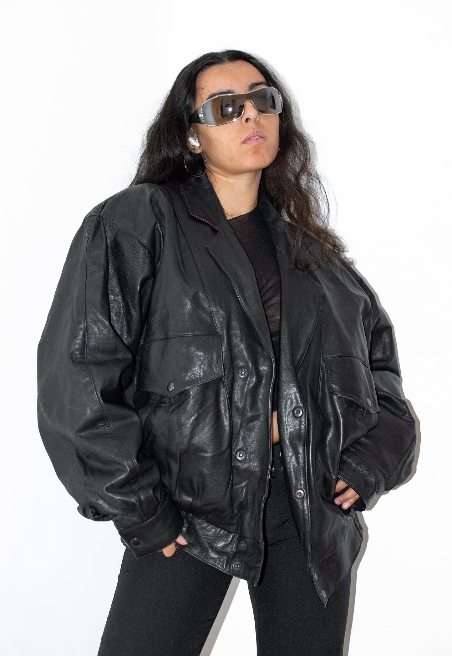 90s Oversize Genuine Leather Bomber Jacket