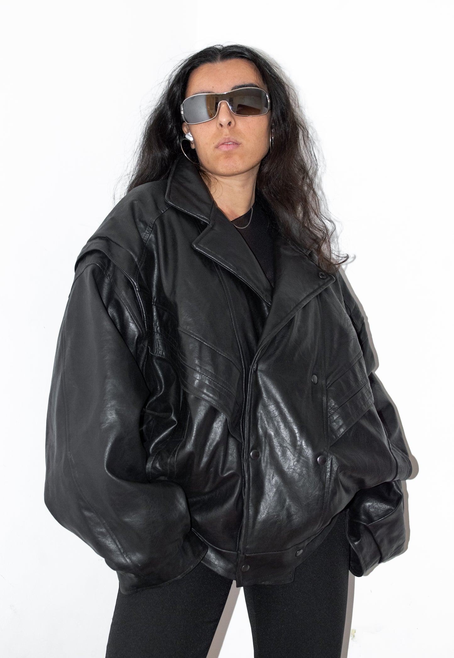 Vintage Oversize Faux Leather Blouson Bomber Black Jacket