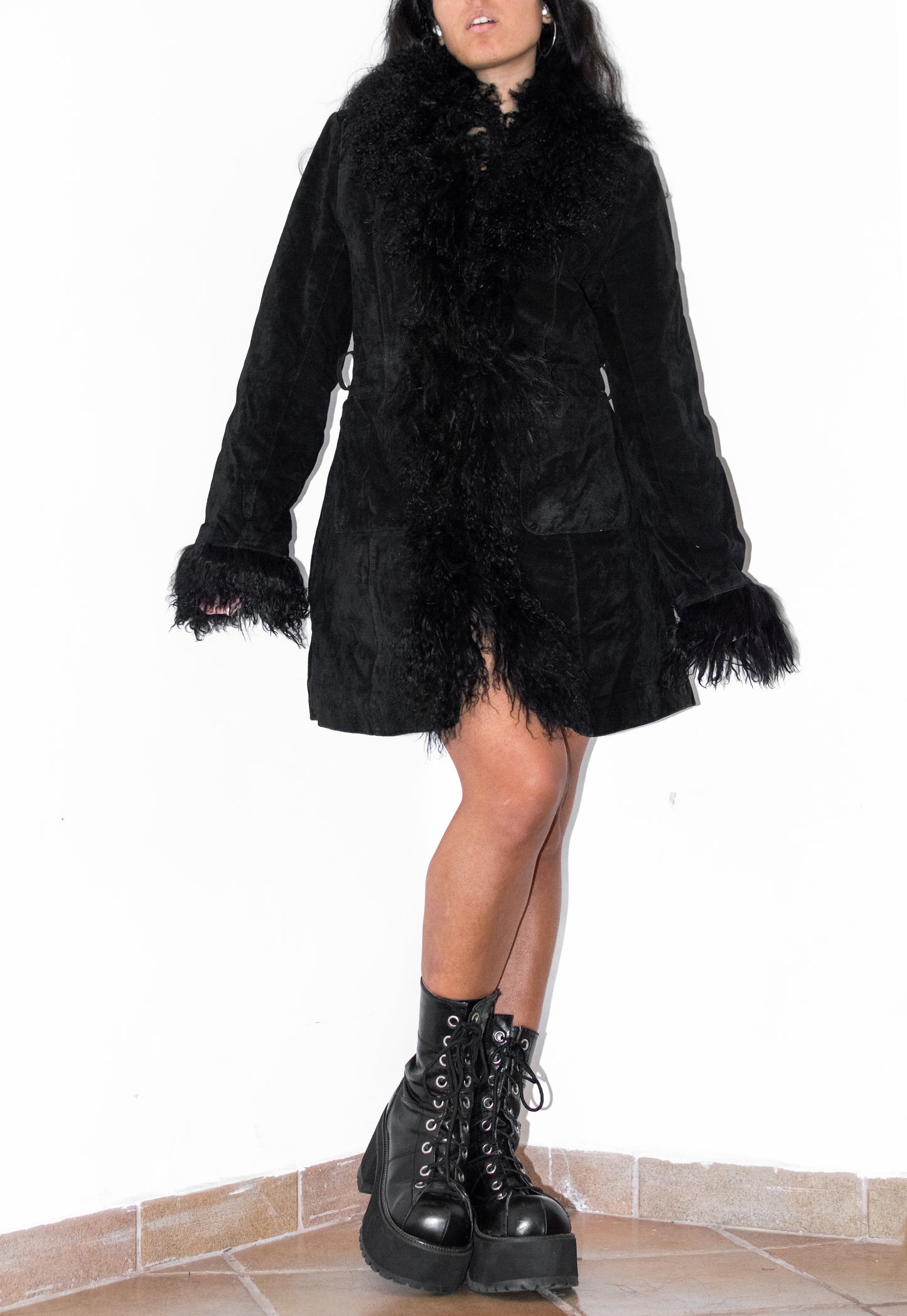 Vintage 90s Black Leather Belted Fur Trim Coat