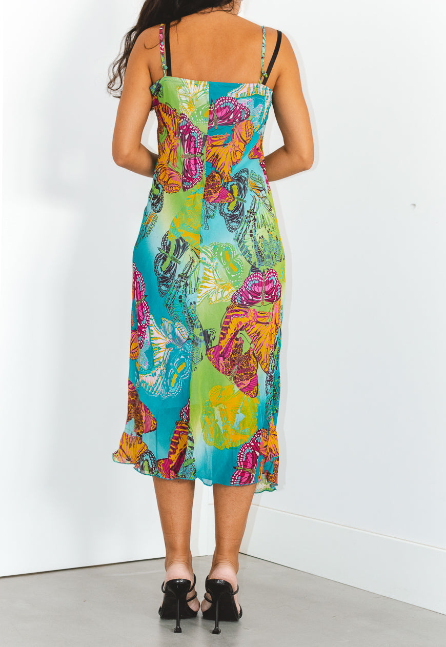 Vintage 90s Butterfly Print Tie Dye Slip Midi Dress