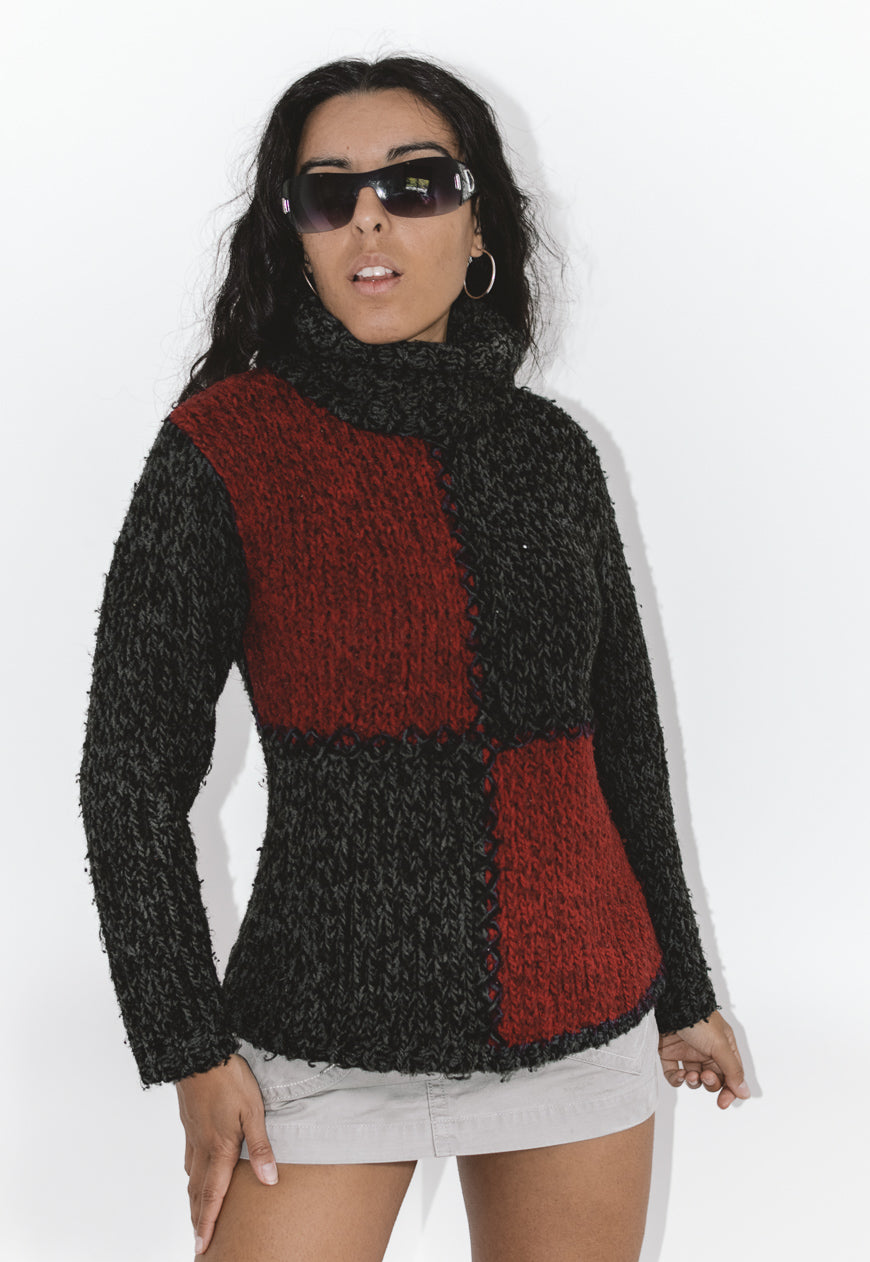Vintage Y2k Patchwork Chunky Turtleneck Wool Sweater