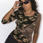Vintage camouflage Asymetrical Top with Fishnet