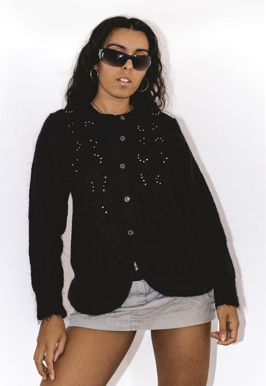Vintage 90s Black Embroidered Wool Cardigan