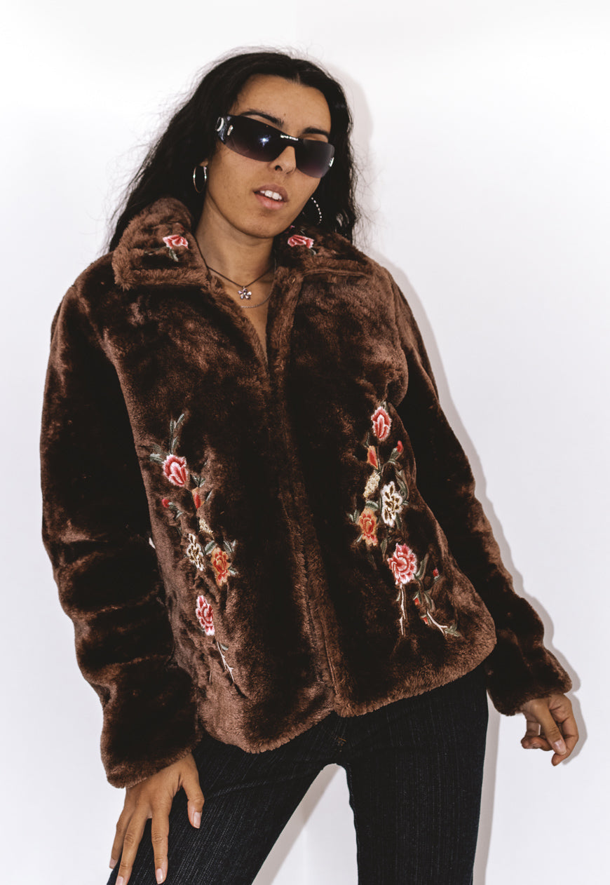 Vintage Y2K Embroidered Brown Faux Fur Jacket