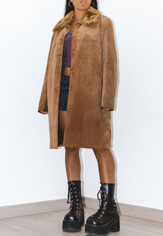 90s Vintage Leather Trench Coat With A Faux Fur Collar