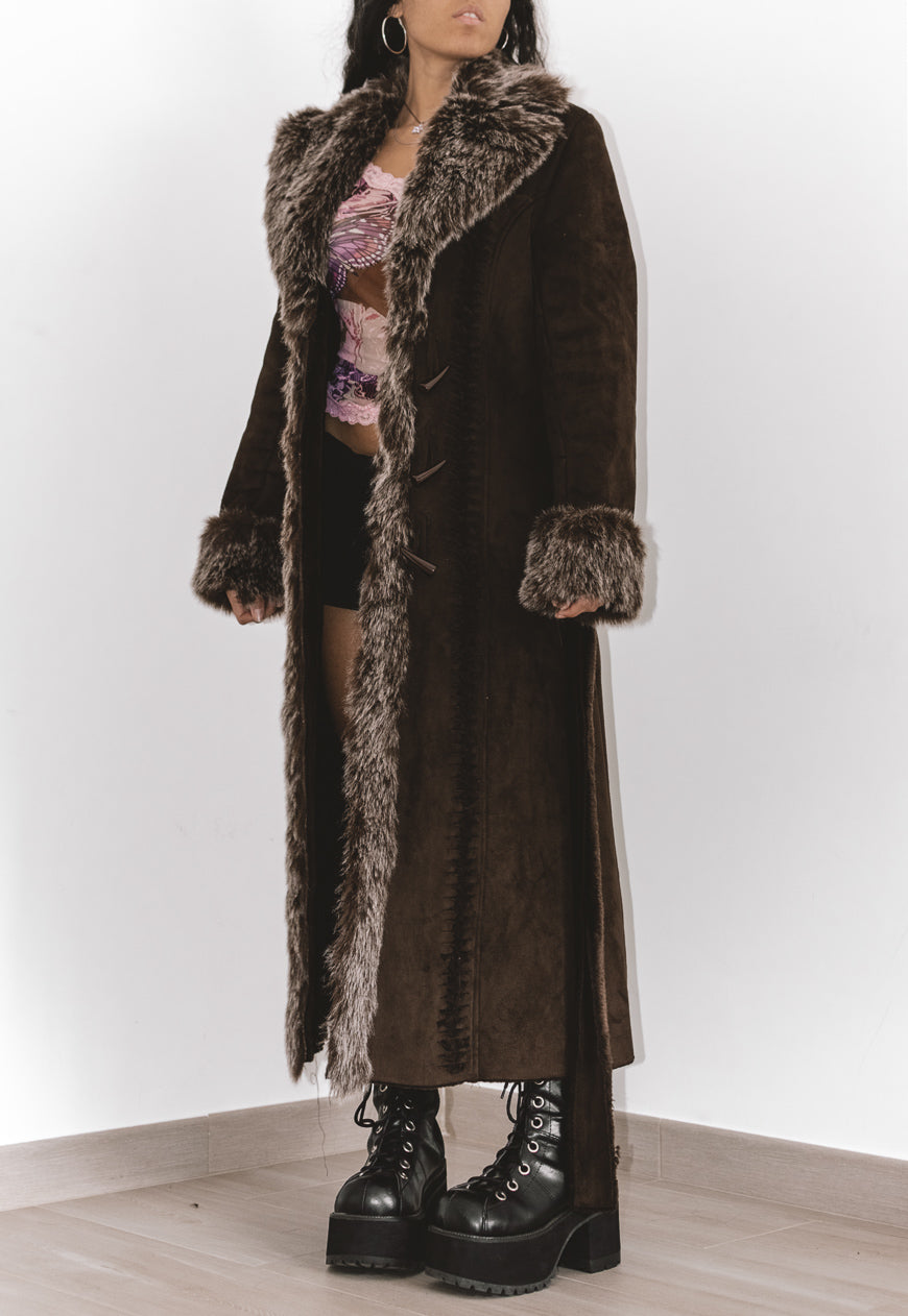 Vintage Long Afghan Coat in Brown with Belt