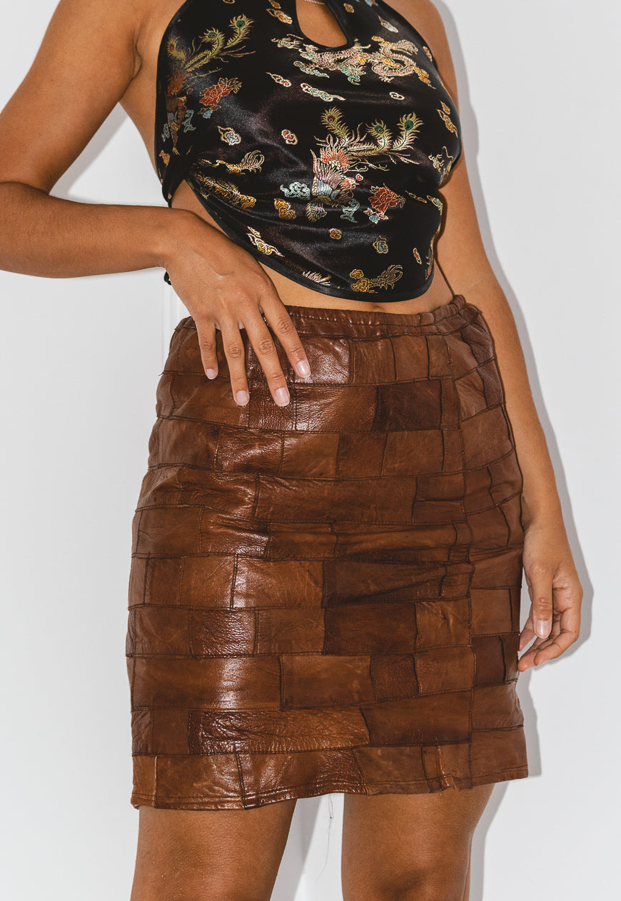 Vintage 90s Patchwork Leather knee length Skirt in Brown
